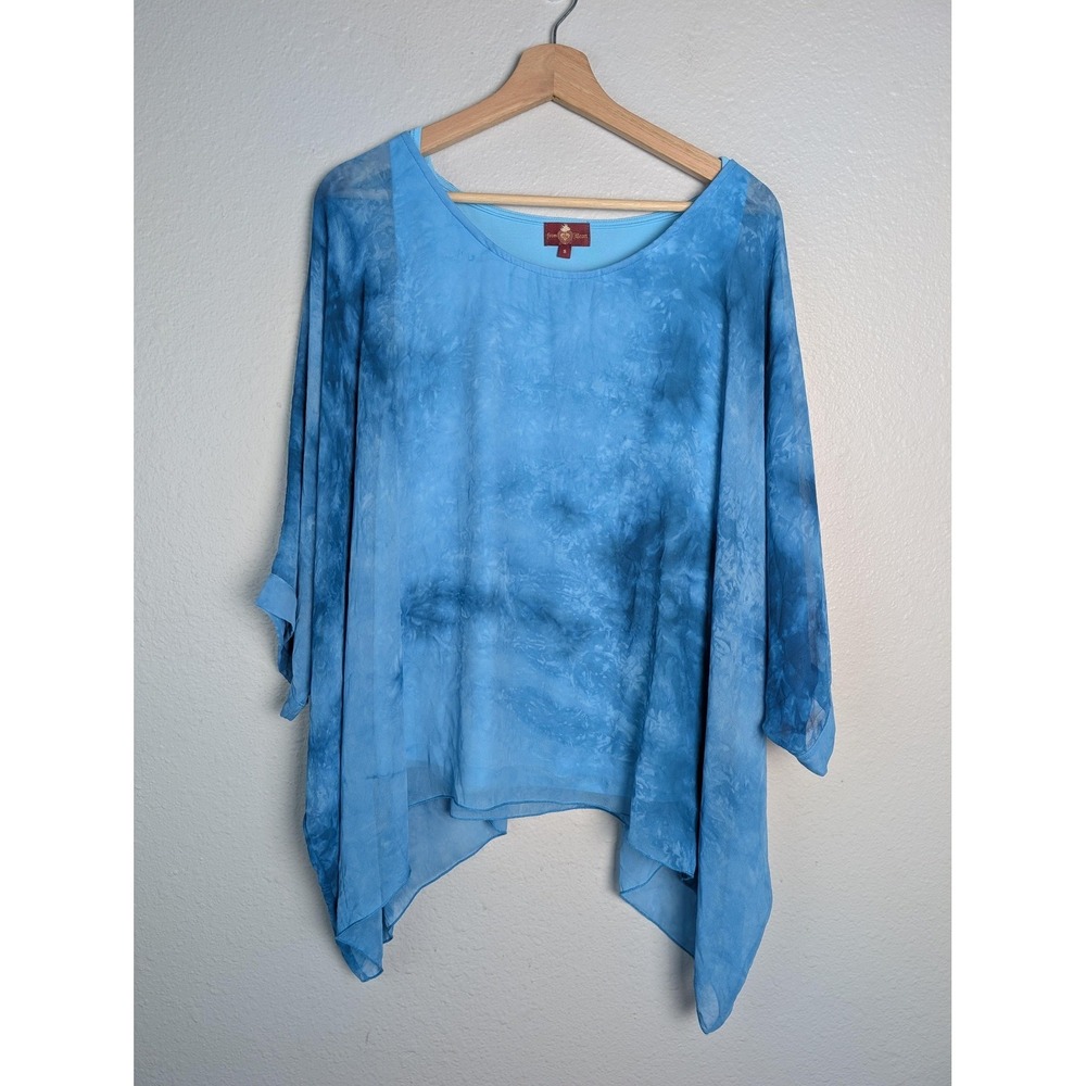 From The Heart Blouse Womens S Blue Kimono 3/4 Sleeve Sheer Lined‎ Chiffon